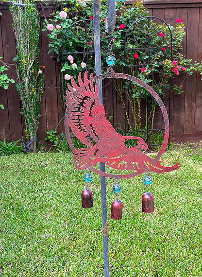 Wind Chime Eagle American Hanging Decor for Outdoor Metal W Glass Rustic Lawn Yard Patriotic 19" x 12"