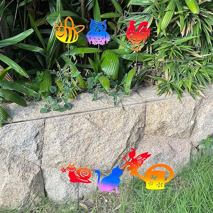 7PCS Metal Small Animal Decoration Stakes with Owl, Cat, Bee, Rooster, Snail, Fairy, and Flower Pot Designs - Hollow Out Silhouette Yard Art for Outdoor Patio Lawn Garden Decor