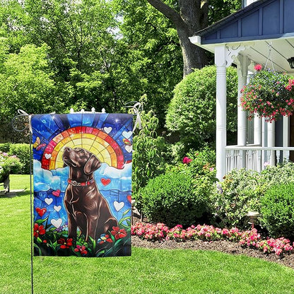 Stained Glass Chocolate Lab Garden Flag for Outside 12x18 Double Sided Rainbow Bridge Labrador Dog Bereavement Pet Sympathy Gift Memorial Yard Banner Small