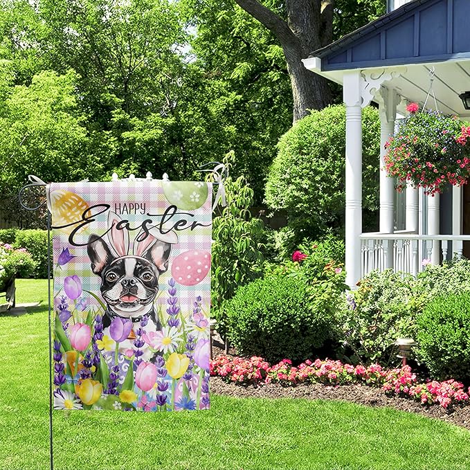 Happy Easter Dog Garden Flag Boston Terrier Spring Flags Buffalo Plaid Bunny Eggs Yard Flag for Outside 12x18 Double Sided Small Decorative Floral Outdoor Flag