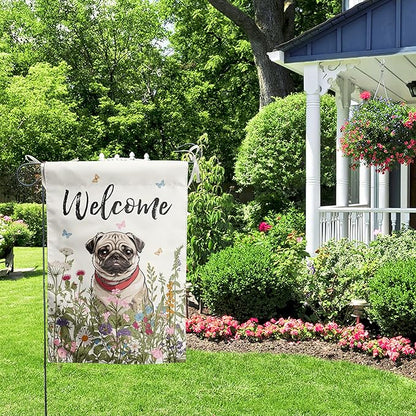 Spring Summer Flower Garden Flag Pug Outdoor Flag Floral Dog Garden Flags for Outside Small Yard Welcome Flags 12x18 Double Sided