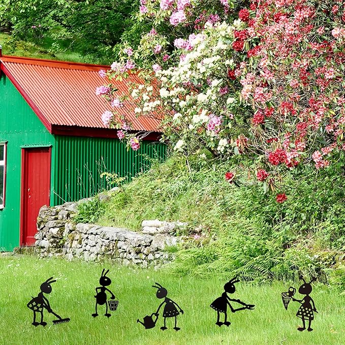 CUweipeng Metal Garden Stakes Decorative - 5Pcs Funny Working Farm Ant Garden Decor Black Metal Humor Art Yard Stake Animal Outdoor Decoration for Pathway Lawn Garden Backyard Birthday Gift Party #B