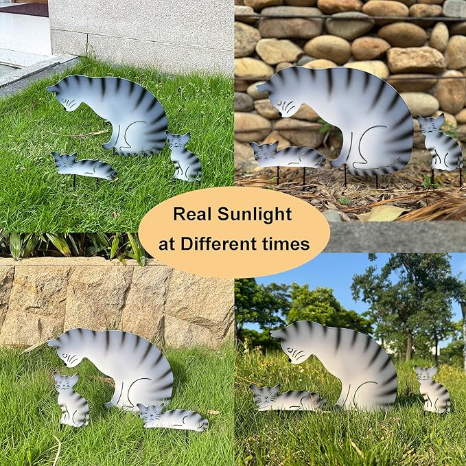 3 Pack Metal Cat Family Garden Statues, Outdoor Decorative Silhouette Stakes for Yard and Patio Lawn Ornaments - Animal Sculpture Art (Grey)