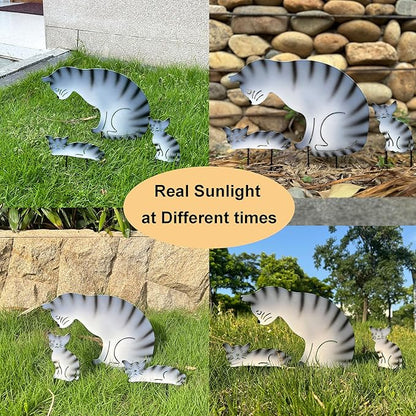 3 Pack Metal Cat Family Garden Statues, Outdoor Decorative Silhouette Stakes for Yard and Patio Lawn Ornaments - Animal Sculpture Art (Grey)