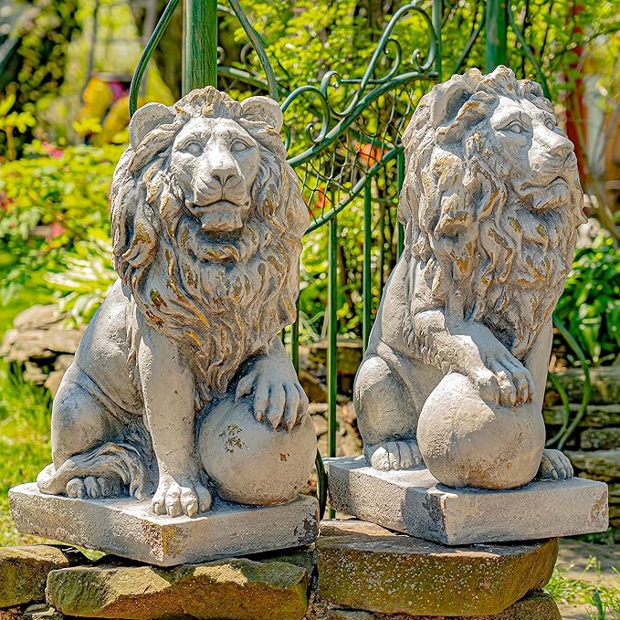 Zaer Ltd. Magnesium Pair of Lion Statues (Outdoor Safe) (27" Tall w/Ball (Set of 2))