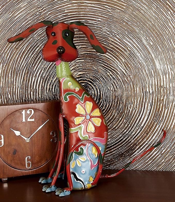 Deco 79 Metal Dog Decorative Garden Sculpture Indoor Outdoor Garden Statue with Floral Pattern, Outdoor Sculpture 12" x 6" x 17", Multi Colored