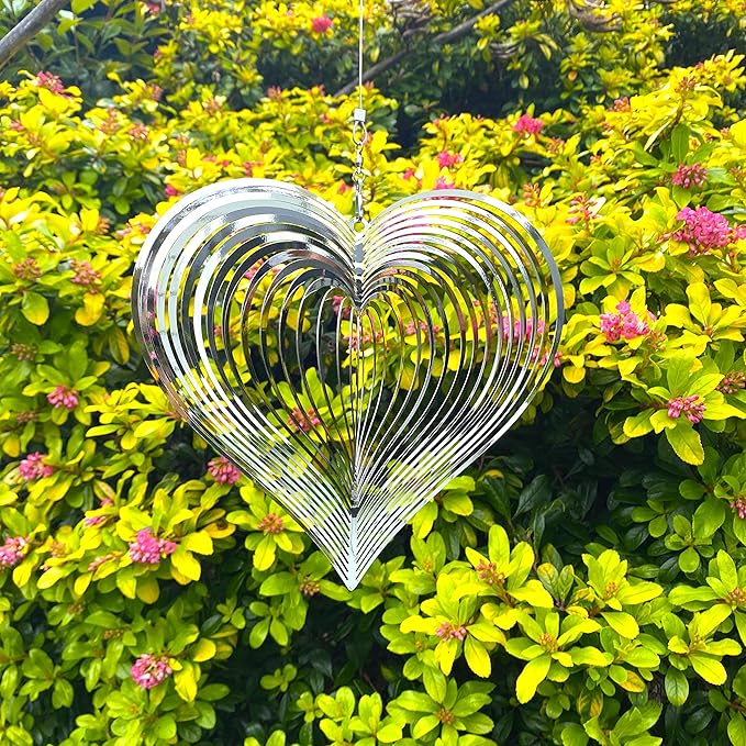 Wind Spinner Metal Garden Spinners Outdoor Garden Art for Backyard Outdoor Hanging Decor and Spinners for Yard and Garden Ornaments 3D Shape (Silver Heart)