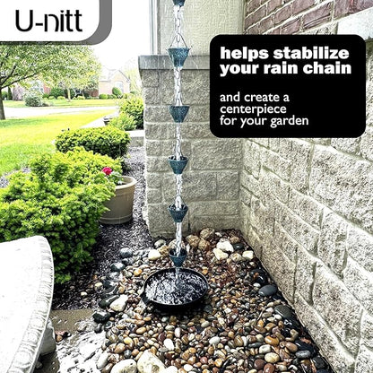 U-nitt 12" Spill Bowl Downspout Catch Basin for Rain Chain Anchoring & Stake | Rainwater Collection for Roof |Gutter Catch Basin | Good for Water Fountain & Birdbath | Black | Handles Heavy Rain