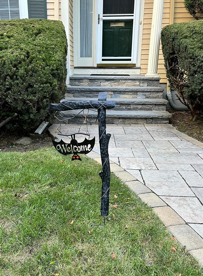 37" Metal Halloween Welcome Sign Post with Bat Outdoor Yard Stake