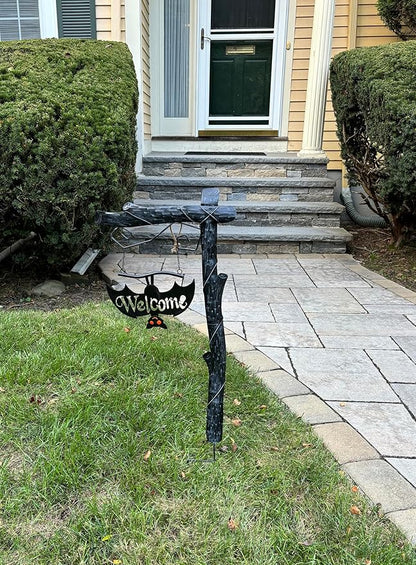37" Metal Halloween Welcome Sign Post with Bat Outdoor Yard Stake