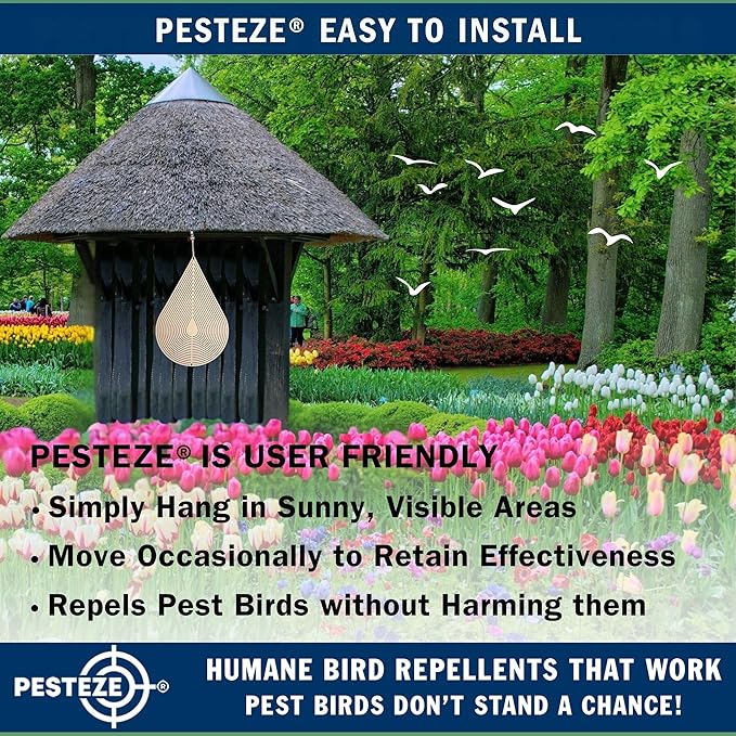 PESTEZE USA Water Droplet Wind Spinner, 4×9.25 Stainless Steel Highly Reflective Outdoor Hanging Spinner for Bird Deterrent, Garden & Yard Decor, Resistant Metal Art with 360° Wind Motion Easy Install