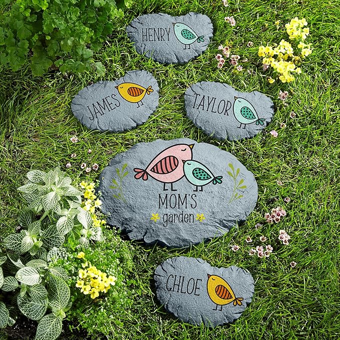 Let's Make Memories Personalized Garden Décor - Custom Garden Stone - Keepsake - for Mom or Grandma - for Her - Laser Engraved - Durable Resin - Small Stone - Polka Dot Bird Design