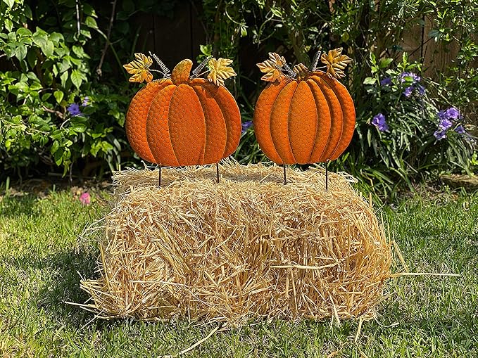 STC S/2 Garden Stakes Thanksgiving Fall Harvest Halloween Outdoor Metal Decor Orange Pumpkins #762 (16" & 15" H)