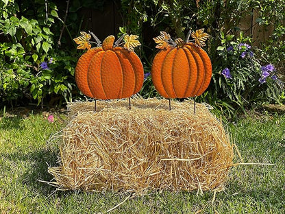 STC S/2 Garden Stakes Thanksgiving Fall Harvest Halloween Outdoor Metal Decor Orange Pumpkins #762 (16" & 15" H)