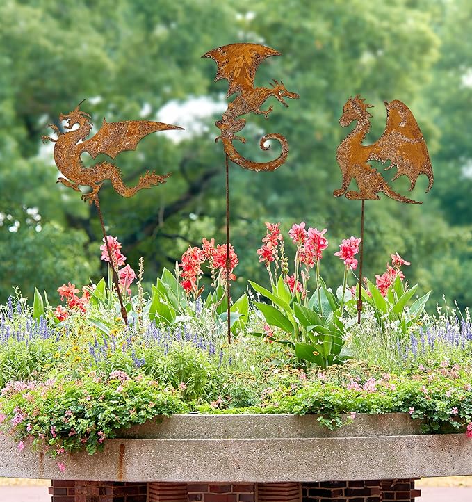 Rusty Fantasy Dragon Garden Stakes Decor, 24 Inch Metal Yard Art Decor, Decorative Garden Stakes Outdoor, Lawn Art Dragons Garden Decorations for outside, Ancient Dragons Garden Statue,Set of 3