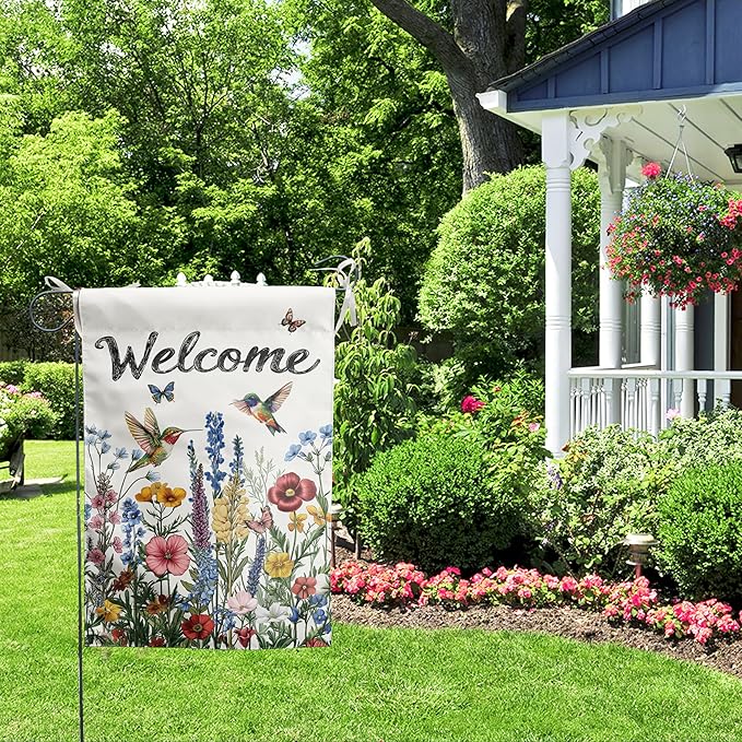 Spring Hummingbird Garden Flags Floral Summer banner for Outside 12x18 Double Sided Wildflower Yard Signs Small Outdoor Seasonal Decorative