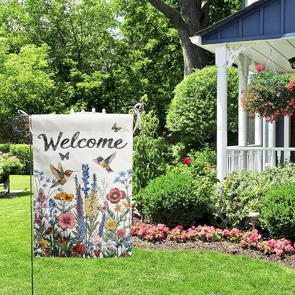Spring Hummingbird Garden Flags Floral Summer banner for Outside 12x18 Double Sided Wildflower Yard Signs Small Outdoor Seasonal Decorative