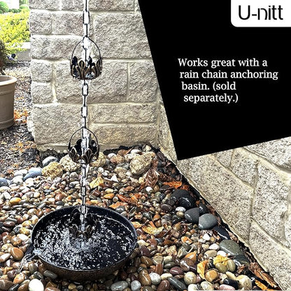 U-nitt Rain Chain Water Collection for Gutters Rainwater Catcher & Diverter, 8.5 FT Chains for Outside Garden, Antique Copper Cups, Roof Downspout, Works with Heavy Rain, w/Gutter Clip for Rainchains