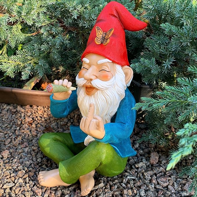 Mood Lab Funny Garden Gnome - Relaxed Smoking Statue with Middle Finger - 9.6 Inch Tall Outdoor or Indoor Decor
