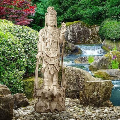 Design Toscano Guan-Yin Patroness of Compassion Asian Decor Outdoor Garden Statue, 54 inches Tall, Fiberglass Cast Stone Resin, Limestone Finish