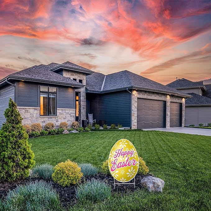Happy Easter Classic Yard Sign Home Decor Lawn Decoration With Stakes Easter Egg (Yellow)