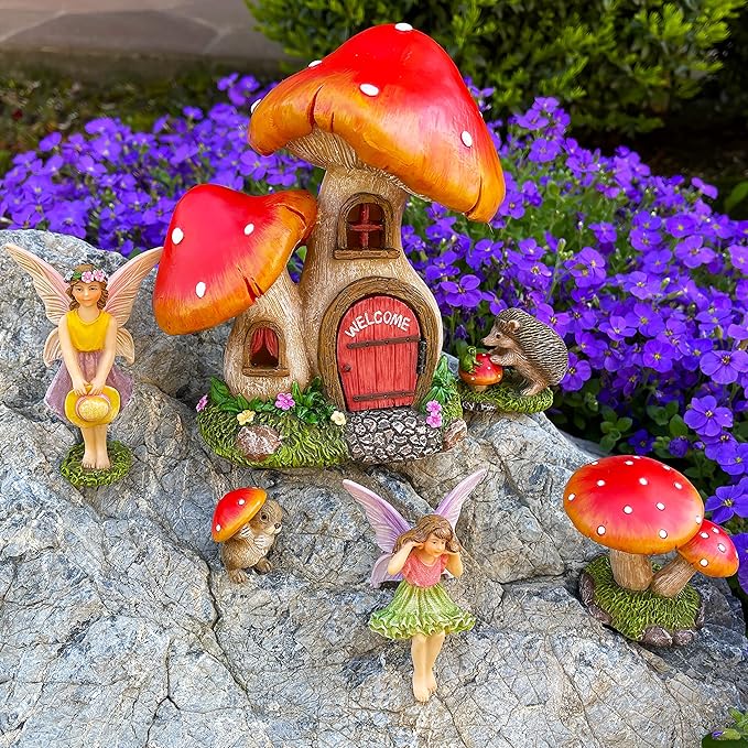 Mood Lab Fairy Garden Figurines - Mushroom House Set (6 pcs) - Miniature Decorative Statues & Accessories - Outdoor & Indoor Garden Decor