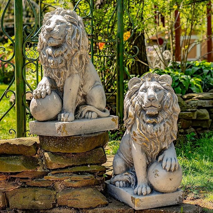 Zaer Ltd. Magnesium Pair of Lion Statues (Outdoor Safe) (27" Tall w/Ball (Set of 2))