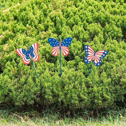 Glitzhome 24" H Patriotic Metal Butterfly Yard Stakes,Set of 3 Butterflies Hanging Ornaments Americana 4th July Garden Yard Signs Independence Day Indoor Outdoor Wall Decorations