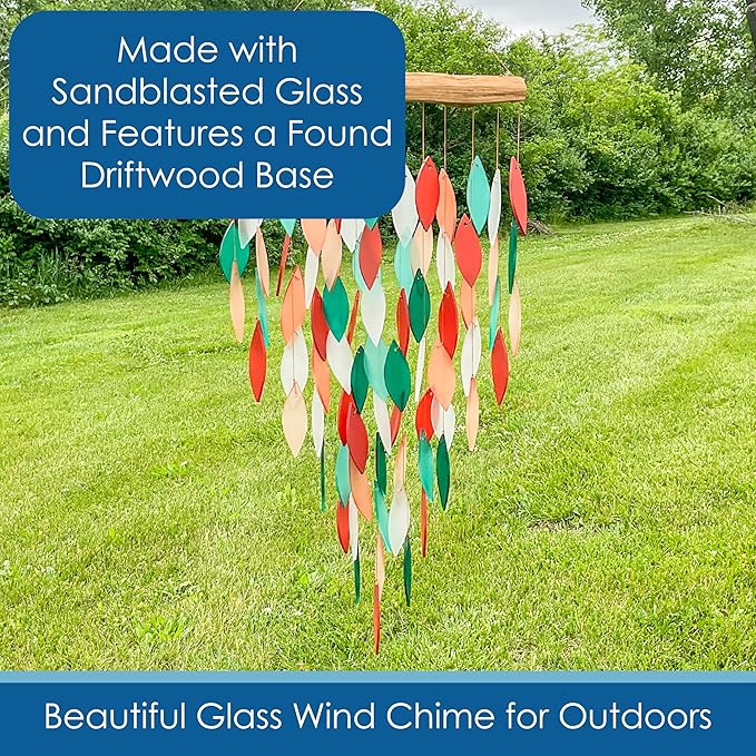 Blue Handworks Deluxe Coral & Teal Waterfall & Driftwood Chime, Sandblasted Glass and Found Wood Handcrafted Wind Chime
