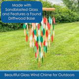 Blue Handworks Deluxe Coral & Teal Waterfall & Driftwood Chime, Sandblasted Glass and Found Wood Handcrafted Wind Chime