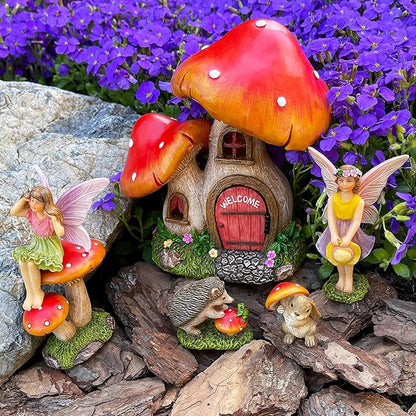Mood Lab Fairy Garden Figurines - Mushroom House Set (6 pcs) - Miniature Decorative Statues & Accessories - Outdoor & Indoor Garden Decor