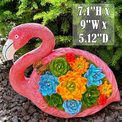 Mood Lab Garden Decor Flamingo Statue - 9 Inch Width Solar Figurine - 8 LED Solar Lights in Succulent Flowers - Yard Patio Lawn Indoor Outdoor Decoration