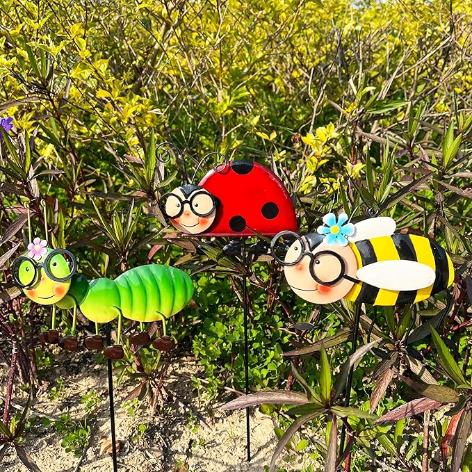Metal Garden Stakes Set of 3, Hand Painted Insect Yard Art, Ladybug Bee Caterpillar Outdoor Decor, Colorful 3D Lawn Ornaments, Floor Mount Patio Decoration