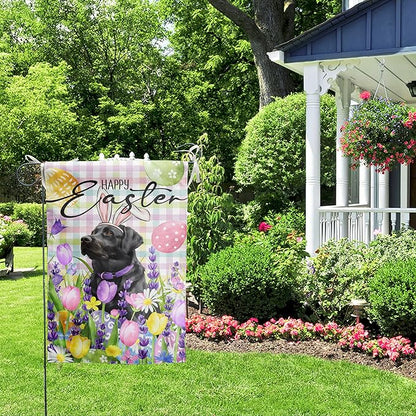 Happy Easter Labrador Dog Garden Flag Black Lab Spring Flags Buffalo Plaid Bunny Eggs Yard Flag for Outside 12x18 Double Sided Small Decorative Floral Outdoor Flag