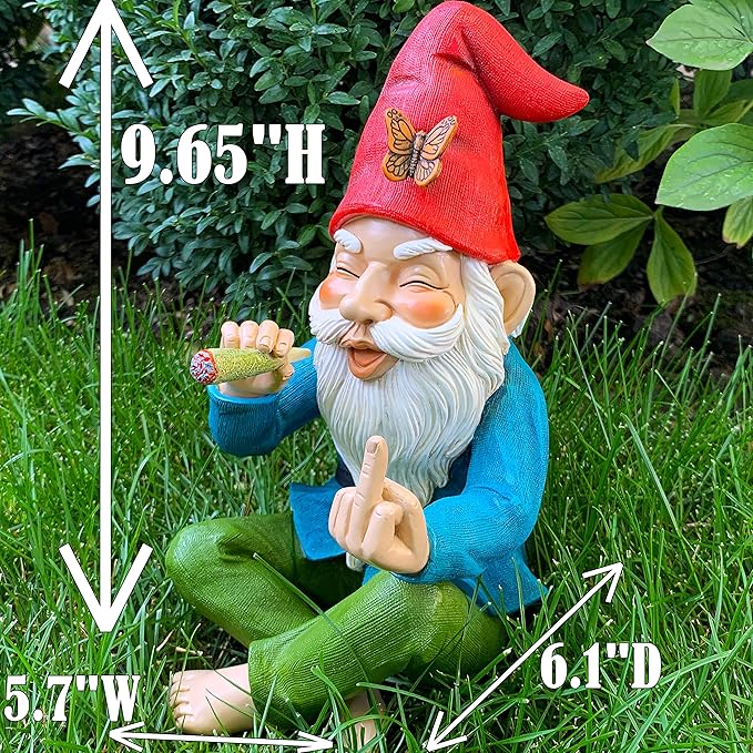 Mood Lab Funny Garden Gnome - Relaxed Smoking Statue with Middle Finger - 9.6 Inch Tall Outdoor or Indoor Decor