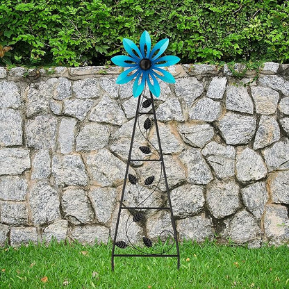 Glitzhome Wind Spinners Outdoor Windmill, 44 Inch Blue Metal Flower Wind Spinner Yard Stake with Hand Painted Glossy Finish, Outdoor Garden Lawn Patio Flowerbed Decor