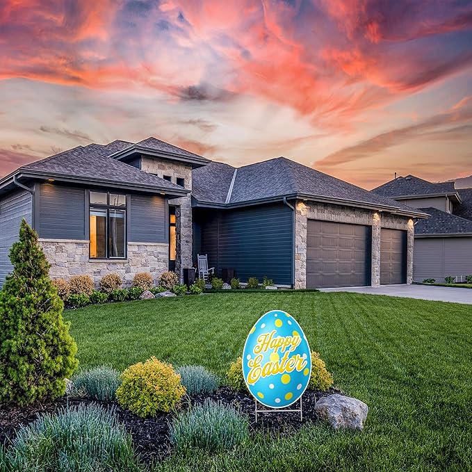 Happy Easter Classic Yard Sign Home Decor Lawn Decoration With Stakes Easter Egg (Blue)