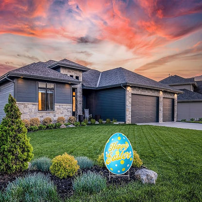 Happy Easter Classic Yard Sign Home Decor Lawn Decoration With Stakes Easter Egg (Blue)
