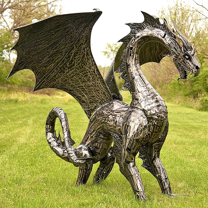 Zaer Ltd. Large Metal Dragon Statue, 89" L x 79" W x 73" H, Powder Coated (Metallic Silver)
