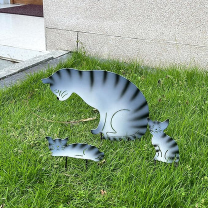 3 Pack Metal Cat Family Garden Statues, Outdoor Decorative Silhouette Stakes for Yard and Patio Lawn Ornaments - Animal Sculpture Art (Grey)
