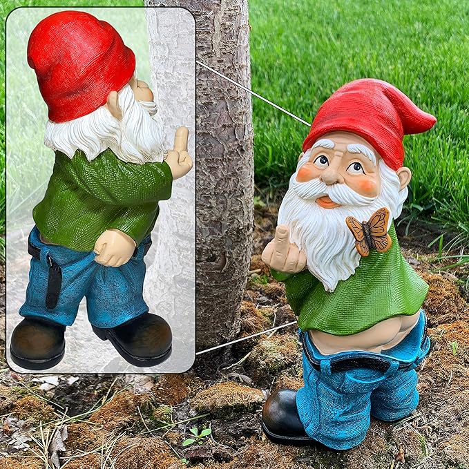Mood Lab Garden Gnome - Pants Down Gnome with Middle Finger - 9.3 Inch Tall Outdoor or Indoor Decor