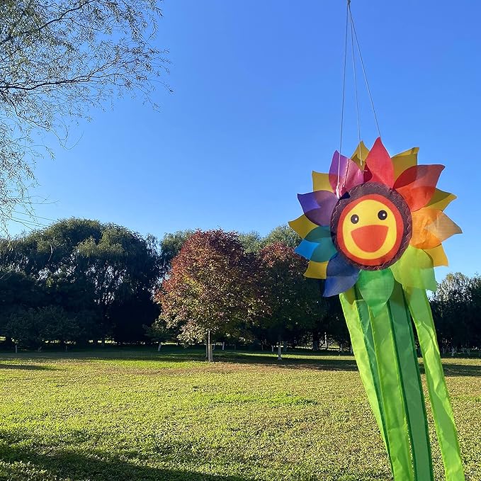 emma kites Smiling Sunflower Rainbow Windsock Hanging Décor Outdoor Windsock for Garden Backyard Balcony Porch Campsite Tent Awing Festival Party Decoration 42-INCH