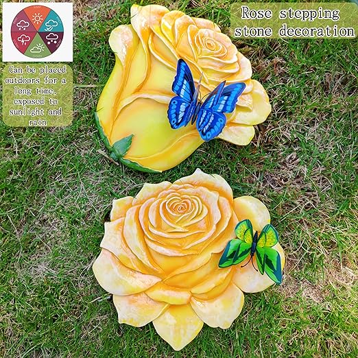 Garden Stepping Stones Outdoor Walkway – Resin Rose Flower Pavers for Path, Lawn & Backyard – Round Decorative Yard Art Decor, Friendship giveaways – Set of 2, Yellow