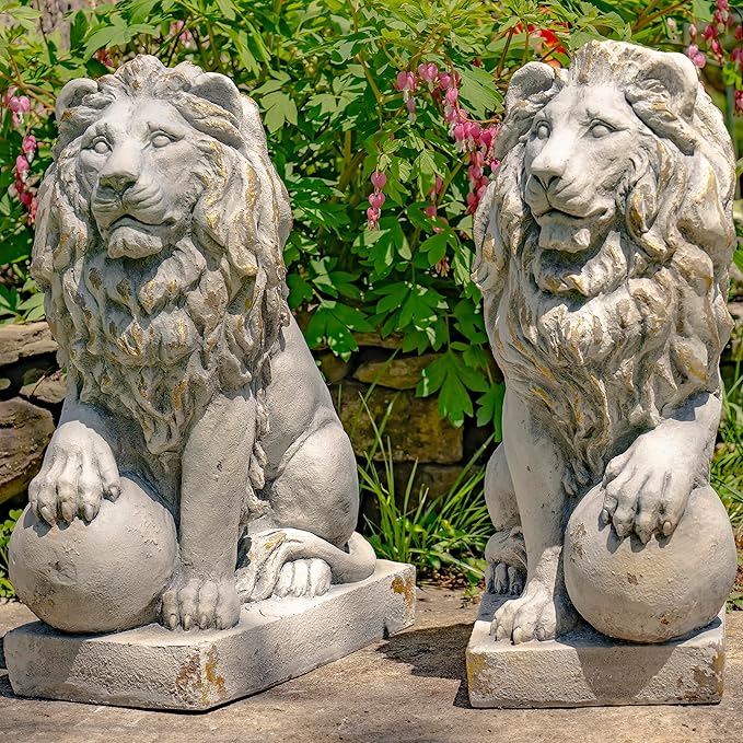 Zaer Ltd. Magnesium Pair of Lion Statues (Outdoor Safe) (27" Tall w/Ball (Set of 2))