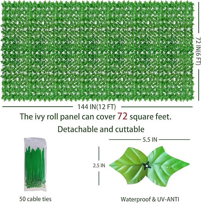 ODTORY Artificial Ivy Privacy Fence Wall Screen: 72 X144 in UV-Anti Faux Greenery Backdrop Ivy Vine Leaf Hedges Fence Panels for Patio, Balcony, Garden, Backyard Indoor Outdoor Light Green Decor