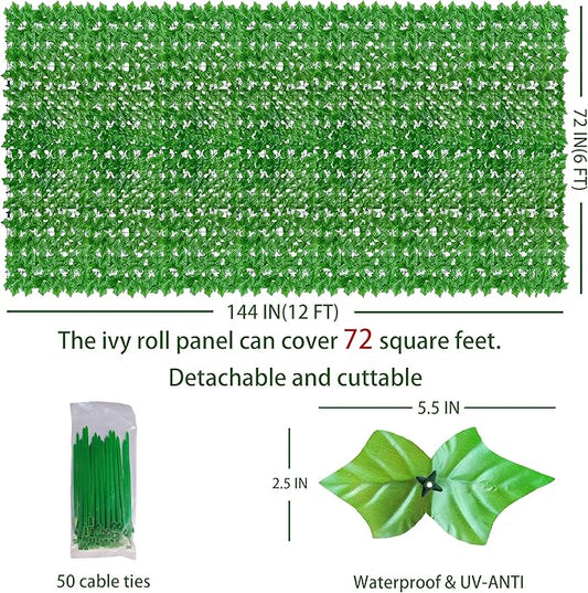 ODTORY Artificial Ivy Privacy Fence Wall Screen: 72 X144 in UV-Anti Faux Greenery Backdrop Ivy Vine Leaf Hedges Fence Panels for Patio, Balcony, Garden, Backyard Indoor Outdoor Light Green Decor