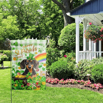 Dachshund St Patricks Day Garden Flag Dog St Patrick's Day Yard Flags for Outside 12x18 Double Sided Buffalo Plaid Shamrock Flag Small Outdoor Rainbow St Patrick's Decor