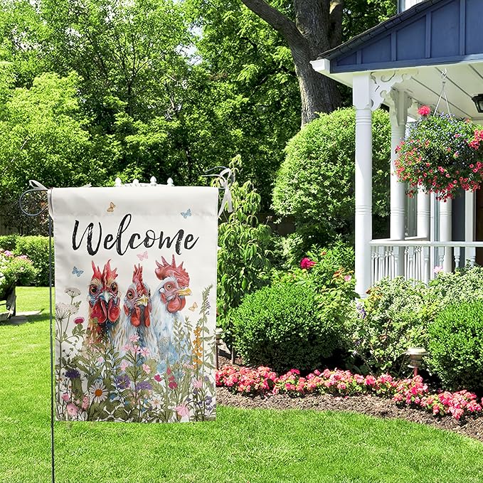 Floral Chicken Garden Flag Spring Summer Yard Flag Flower Rooster Farmhouse Garden Flags for Outside Small Outdoor Welcome Flags 12x18 Double Sided Chicken Coop Decor