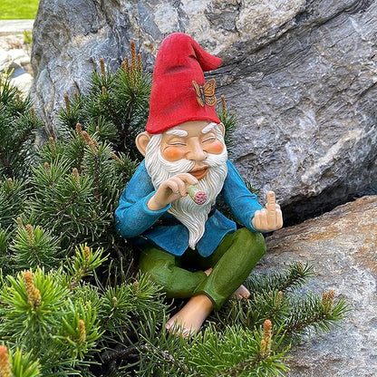 Mood Lab Funny Garden Gnome - Relaxed Smoking Statue with Middle Finger - 9.6 Inch Tall Outdoor or Indoor Decor