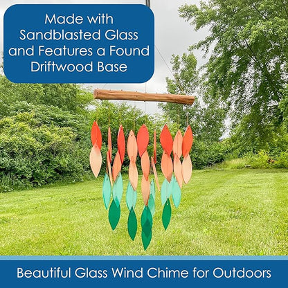 Blue Handworks Coral Ombre Waterfall Glass and Driftwood Chime, Sandblasted Glass and Found Wood Handcrafted Wind Chime
